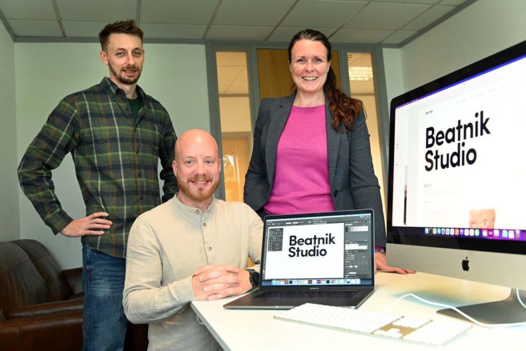 (from left) Mark Lovejoy and David Haigh of Beatnik Studio with Susan Snowdon of NEL Fund Managers